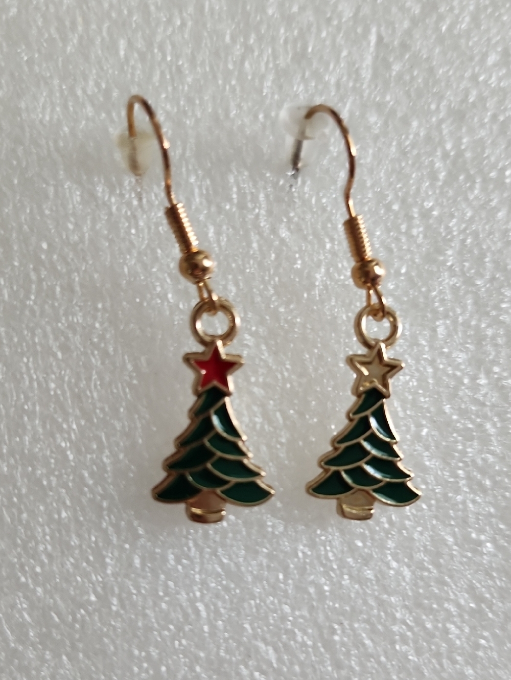 Hand Crafted Gold-Tone Christmas Tree Drop Earrings with Green and Red Accents